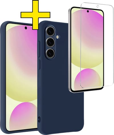Hoesje - Met Screenprotector - Geschikt voor Samsung Galaxy S24 FE - Sterk & Shockproof - Back Cover - Siliconen Case - Telefoon Hoes - Telefoonhoesjes - Donkerblauw