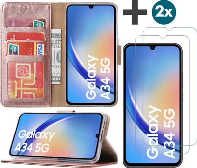 Samsung Galaxy A34 (5G) hoesje - bookcase met pasjeshouder + 2x Screenprotector tempered glass - Rosegoud