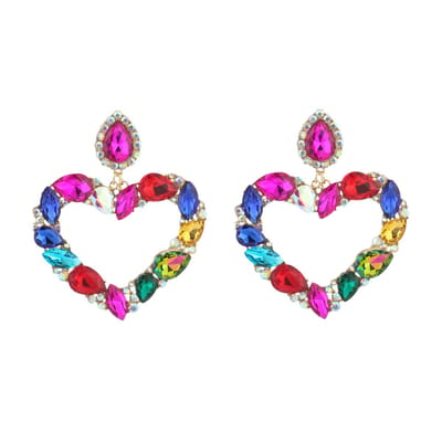 Michelle Bijou - Rainbow oorbellen of Broche with Gem stones in de vorm van een hart - Goldplated - XL (9 bij 7 cm.) - Feestdagen