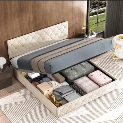 OKWISH Opbergbed 140x200cm - Tweepersoonsbedden - Gestoffeerd Bed - Veel Opbergruimte - Stevig Bedframe - Beige