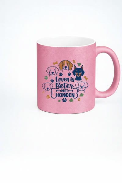 “Leven Is Beter Met Honden” 330ml Roze Glitter Koffiemok – Schattig Hondenliefhebber Design – Perfect Cadeau voor Baasjes