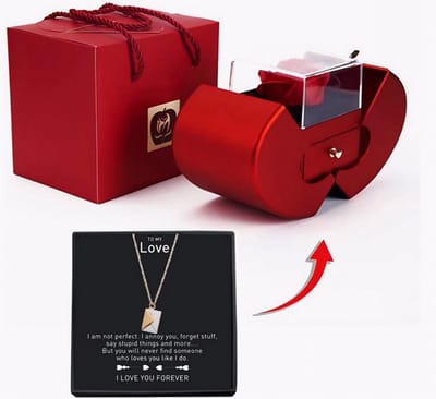 Eeuwige Bloem + Appelvormige Sieraden Doos + Zilver Goud Luxe Envelop Medaillon Ketting I LOVE YOU - Kerstcadeau In Luxe Box met Roos - Verjaardag Geschenk - Romantisch Cadeau - Huwelijksaanzoek - Liefde - Valentijn - Geheime verborgen bericht