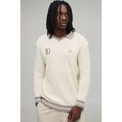 Lange Regular Fit Geribbelde Gebreide Polo Met V-hals | Ecru | Size Small
