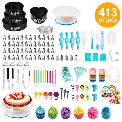413-delige bakset voor taarten Taartdraaischijf Decoratieset met spuitzakken en spuitmondjes Complete bakgereedschapset voor taartdecoratie