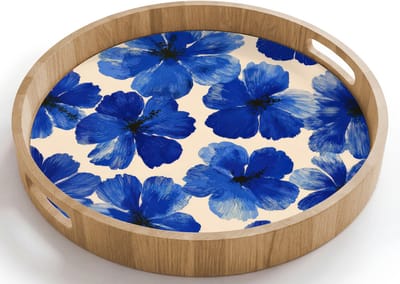 Dienblad rond 40x40 cm - Schootdienblad hout - Bloemen - Blauw -Patroon - Wit - Borrelplank rechthoek - Plateau houten dienbladen