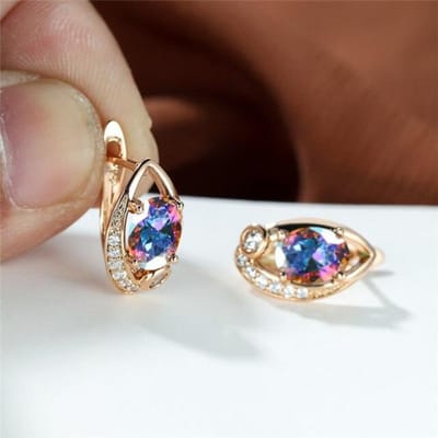 Mystieke Regenboog Kristal Ovale Stenen Oorbellen Bedel Roségoud Kleur Bruiloft Oorbellen Leuke Veelkleurige Zirkonia Hoepel Oorbellen Voor Vrouwen black