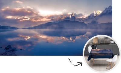Tafelkleed - Tafellaken - 300x150 cm - Landschap - Water - Berg - Sneeuw - Zonsondergang - Binnen en Buiten