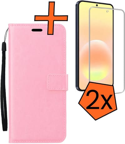 Hoes - Met 2x Screenprotector - Geschikt voor Samsung Galaxy A57 - Luxe Pasjeshouder - Bookcase Portemonee - Flip Case - Kunstleer Book Case - Flipcase Hoes - Book Cover - Walletcase - PortemonneeHoes - Lichtroze