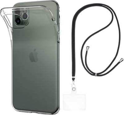 Set met hoesje en nekband voor iphone 11 pro max - Flexibele, transparante TPU-bescherming, verstelbare universele nekband voor mobiele telefoons, zwarte nekband, transparante draagriem van Phonillico®