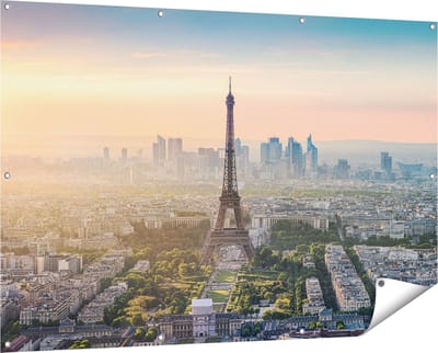 Gards Tuinposter Skyline van Parijs met de Eiffeltoren - 150x100 cm - Tuindoek - Tuindecoratie - Wanddecoratie buiten - Tuinschilderij