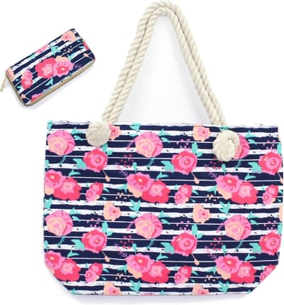 Hazel & Pip Rozen & Strepen Canvas Strandtas Shopper met bijpassende Portemonnee