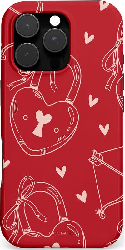 Casetastic hoesje geschikt voor Apple iPhone 16 Pro - MagSafe - Dubbellaagse bescherming - Hartendief - Liefdes Slotjes - Valentijn - Valentine - Love - Rood Wit - Fashion Case - Rood Terracotta