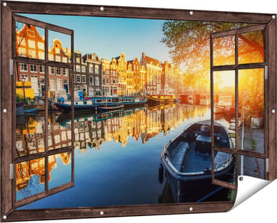 Gards Tuinposter Doorkijk Amsterdamse Gracht bij Zonsondergang - 150x100 cm - Tuindoek - Tuindecoratie - Wanddecoratie buiten - Tuinschilderij