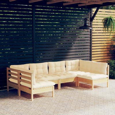 vidaXL - 6-delige - Loungeset - met - crèmekleurige - kussens - massief - grenenhout