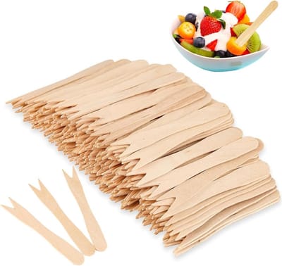 100x Houten Frietvorkjes - Biologisch Afbreekbare Prikkers van Berkenhout (8,5 cm)
