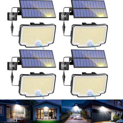 Zonnelamp met Bewegingsmelder voor Buiten - 318 LEDs - Waterdicht - 3 Modi - 5m Kabel - Tuin- en Muurverlichting - Set van 4