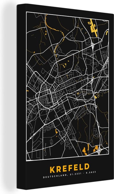 Canvas Schilderij Krefeld - Goud - Stadskaart - Plattegrond - Kaart - Duitsland - 20x30 cm - Wanddecoratie
