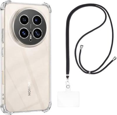 Set met hoesje en nekband voor Honor Magic 8 Pro - Flexibele, transparante TPU-bescherming, verstelbare universele nekband voor mobiele telefoons, zwarte nekband, transparante draagriem van Phonillico®