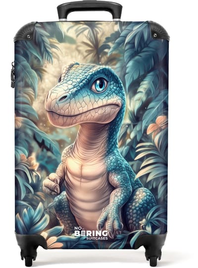 NoBoringSuitcases.com® - Kinderkoffer jongen - Kindertrolley jongens - Dino in mystieke jungle met maanlicht - Handbagage koffer lichtgewicht - Reiskoffer trolley kinderen - Rolkoffer met wieltjes - Past binnen 55x40x20 en 55x35x25
