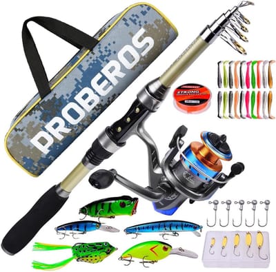 SnelShoppen - Telescopische Hengel en Rolle Set - Complete Visserij Kit met Lijn, Lures, Draagtas - Spinning Hengel Set voor Zout- en Zoetwater, Perfe