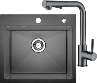 CECIPA max Spoelbak voor keuken 50x45CM - Spoelbak Keuken Met Keukenkraan Met Uittrekbare Uitloop - Enkele spoelbakken Antraciet - Spoelbakken met sifon en overloopset