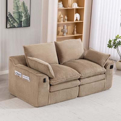 Modulaire 2-zits corduroy bank – met kussens en twee zijvakken van verschillende afmetingen, 3-laags schuim + veringkern voor snelle terugvering. Ideaal voor woonkamers, kantoren en meer. Khaki