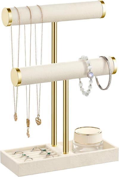 Sieraden Organizer met 2 Niveaus - Beige Sieradenstandaard voor Armbanden, Detachable T-vormige Sieradenhouder, Fluwelen Armbandhouder, Perfect voor Kettingen en Horloges