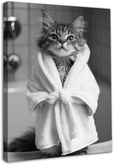 Dailygoody - Grappige Kat Badkamer Kunst - Schattige Kat In Badjas - Ingelijste Canvas Print - 12x16 Inch - Dier Foto - Perfect voor Badkamer of Toile...
