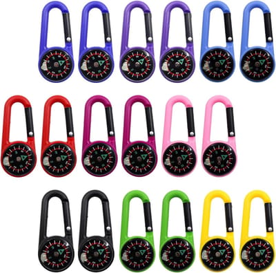 Set van 18 Mini Carabiner Haakjes met Kompas en Sleutelhanger voor Kinderen - Ideaal voor Kamperen, Wandelen en Buitenactiviteiten in Meerdere Kleuren