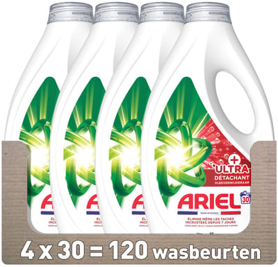 Ariel Vloeibaar Wasmiddel +Ultra Vlekverwijderaar 30 Wasbeurten - 4 x 1350 ml - Voordeelverpakking