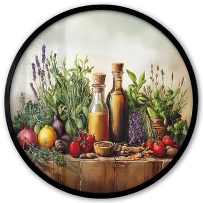 Poster in lijst Rond - Fotolijst 40x40 cm - Posters - Stilleven - Kruiden - Specerijen - Fruit - Kleurrijk - Ronde posterlijst zwart - Decoratie - Wanddecoratie woonkamer - Muurdecoratie slaapkamer