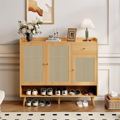 YEHTOKHOME Natuurlijke Rotan Schoenenkast - Schoenenrek met 3 deuren - 1 lade - 5 planken - met Metalen handvatten en massief houten poten - 120x35x106 cm