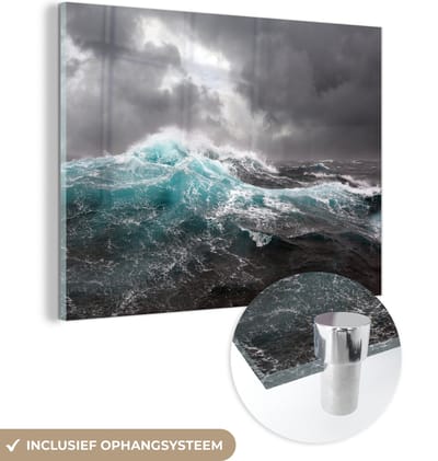 MuchoWow® Glasschilderij 160x120 cm - Schilderij acrylglas - Oceaan - Storm - Golf - Foto op glas - Muurdecoratie woonkamer - Wanddecoratie slaapkamer - Schilderijen
