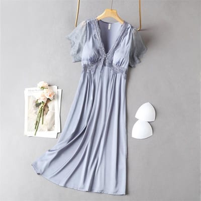 Sexy Nachthemd voor Vrouwen Zomer Lente Huisjurk V-Hals Nachthemd Kant Mouw Nachtkleding Lang Intiem Lingerie Nachtkleding XL gray