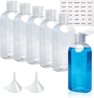 Set van 6 lege reisflessen 100 ml met klapdeksel, trechter en etiketten voor shampoo, lotion en toilettas tijdens reizen en kamperen