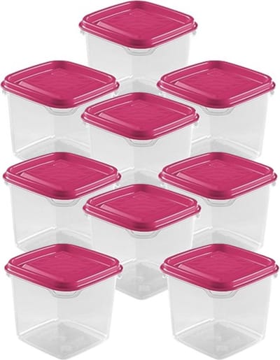 Hega Hogar Vershoudbakjes - set 9x stuks - 0.3 liter - transparant/roze - L8 x B8 x H11 cm - Mealprep - Maaltijden bewaren