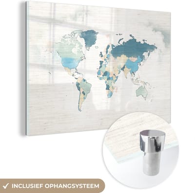 MuchoWow® Glasschilderij 60x40 cm - Schilderij acrylglas - Wereldkaart - Pastel - Textiel - Foto op glas - Schilderijen