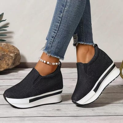 Chaussures compensées rehaussantes pour femmes, baskets légères à plateforme et à enfiler, semelle épaisse, en jean, pour la marche et le rocking-chair. 35 noir