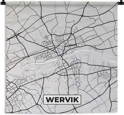 Wandkleed - Wanddoek - Stadskaart – Zwart Wit - Kaart – Wervik – België – Plattegrond - 180x180 cm - Wandtapijt