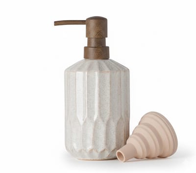 Famanu – Keramische badkamer zeepdispenser – luxe vloeibare zeepdispenser met plastic pomp + siliconen trechter – houtlook