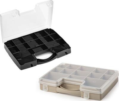 Forte Plastics - 2x opberg vakjesdoos/Sorteerboxen - 13-vaks kunststof - 27 x 20 x 3 cm - zwart en taupe