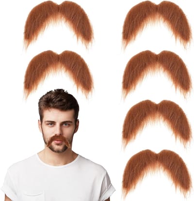 Set van 6 Grappige Snorren voor Carnavals, Realistische Plaksnorren voor Cosplay, Feestaccessoires voor Themafeesten, Kerst en Halloween (Bruin)