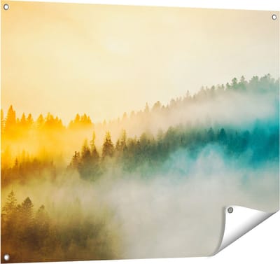 Gards Tuinposter Kleurrijke Zonsopgang in het Bos met Mist - 100x80 cm - Tuindoek - Tuindecoratie - Wanddecoratie buiten - Tuinschilderij