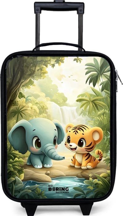 NoBoringSuitcases.com® - Kinderkoffer jongen - Kindertrolley meisje - Olifant - Tijger - Bos - Jungle - Koffer kind lichtgewicht - Reiskoffer trolley voor kinderen - Koffertje met lichtgevende wieltjes - Rolkoffer zwart