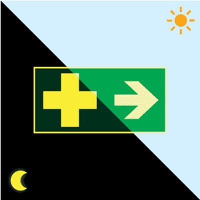 Extra lichtgevend EHBO bord met pijl rechts 300 x 150 mm