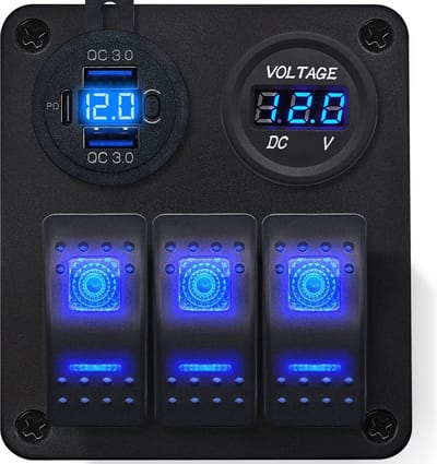 ProRide Schakelpaneel 12V voor Auto/Boot - USB Lader 2 Poorten met Voltmeter - QC3.0 - 3 Schakelaars