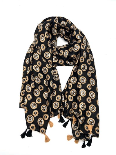Lange dames sjaal Britney fantasiemotief zwart wit cacao bruin camel