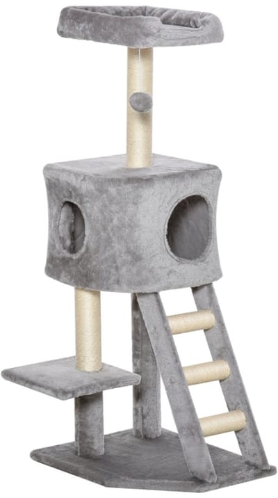 Kratzbaum - 120 cm - Katzenturm mit Höhle, Spielball, Sisalstämme, Plattform, Treppe - Mehrstöckiger Katzenkratzbaum - Sisal - Hellgrau