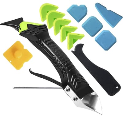 GELLDG 5-in-1 Dichtmiddelverwijderaar - Silikonentferner Set - Fugenkratzer met 6 Uitwisselbare Pads - Geschikt voor Keuken Bad Zink Raam - Metaal Constructie - Complete Kit voor Naadreiniging en Afdichting