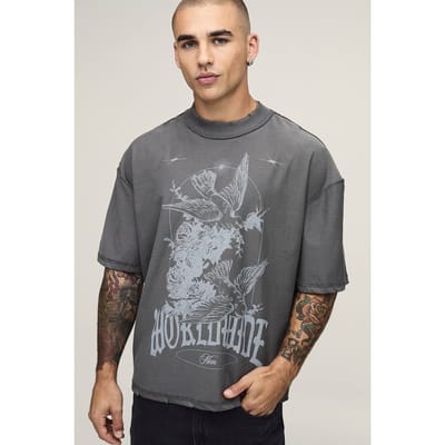 Oversized Boxy T-shirt Met Zichtbare Naden En Duivenprint | Charcoal | Size XS